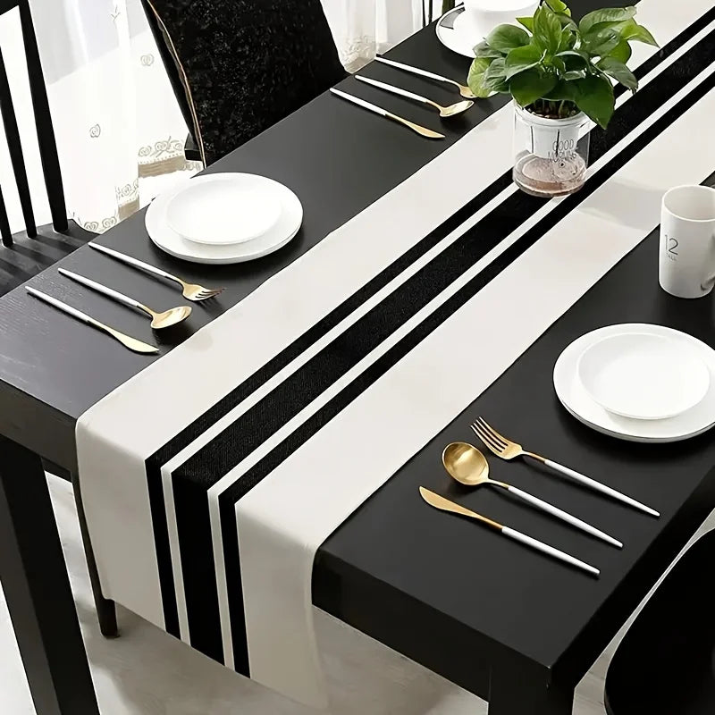 1pc listra geométrica corredor de mesa de linho, moderno simples preto e branco xadrez listra clássico vintage pano de mesa, decoração para casa