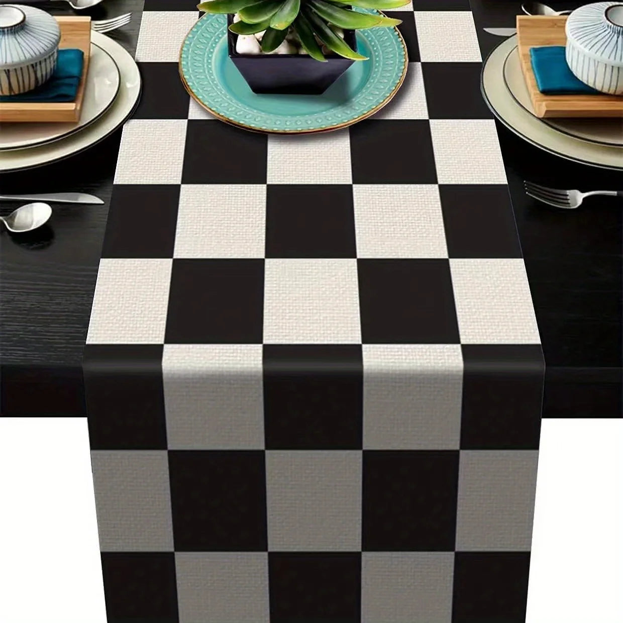 1pc listra geométrica corredor de mesa de linho, moderno simples preto e branco xadrez listra clássico vintage pano de mesa, decoração para casa
