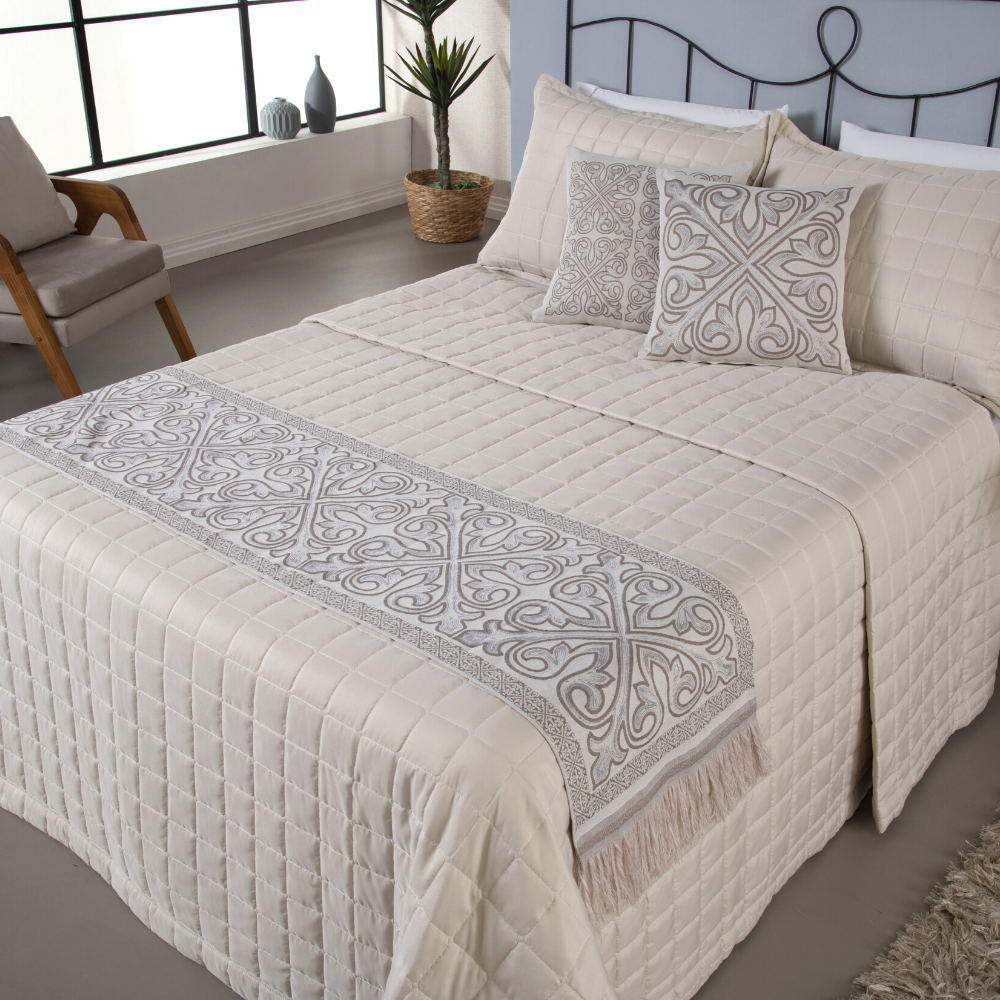 Kit Peseira Grécia 5 Peças – Cama King | Tecido Jacquard com Almofadas Cheias