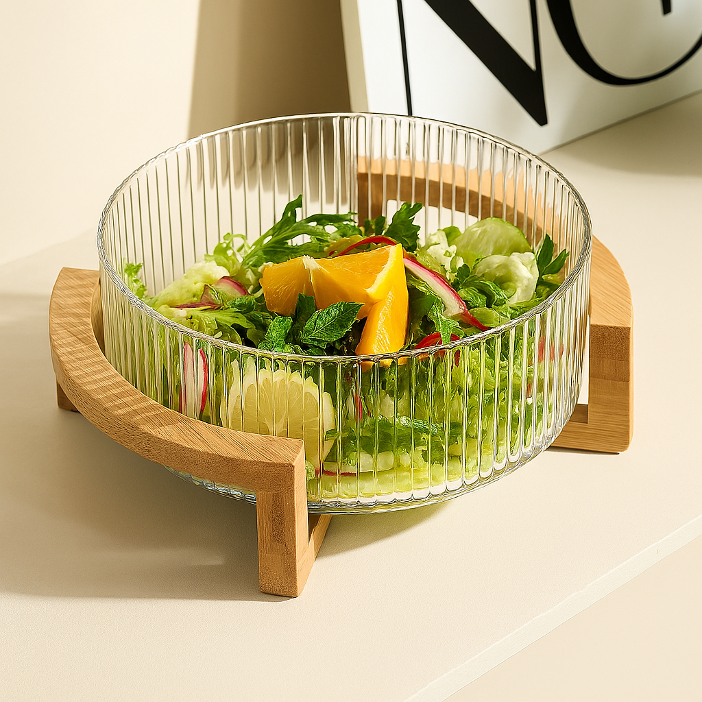 Saladeira de Vidro Listrada com Suporte em Madeira