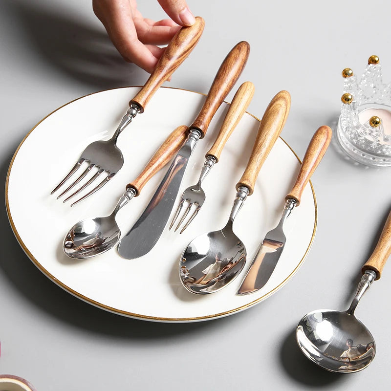 Konco-Wood Dinnerware Set, aço inoxidável Talheres Set, máquina de lavar louça talheres seguro, faca, garfo, colher