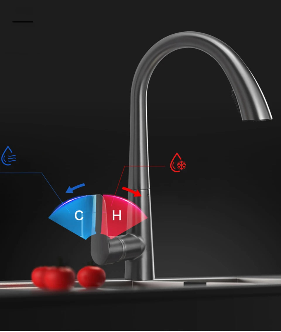 Pistola cinza pull-out torneira da cozinha de água quente e fria lavatório torneira da pia rotativa retrátil preto e branco 60cm puxar
