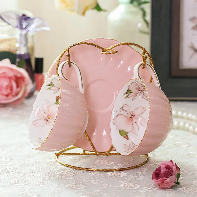 Conjunto de xícara e pires de café porcelana rosa, chá da tarde inglês, leite, caneca cerâmica do café, 200ml