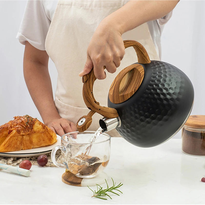 3l apito de aço inoxidável chaleira fervente utensílios de cozinha padrão de martelo chaleira de som alça resistente ao calor fogões de indução de gás