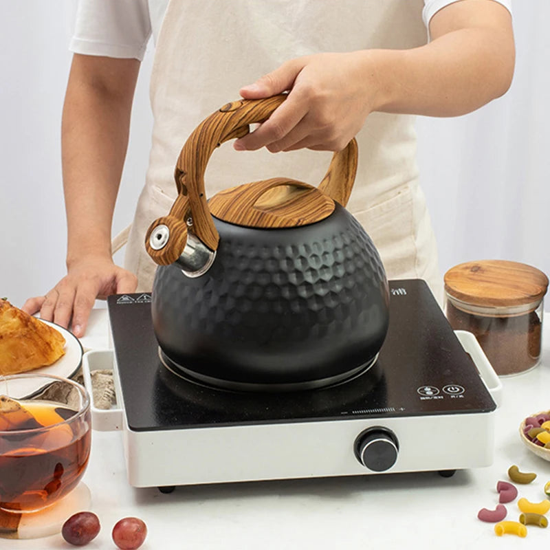 3l apito de aço inoxidável chaleira fervente utensílios de cozinha padrão de martelo chaleira de som alça resistente ao calor fogões de indução de gás