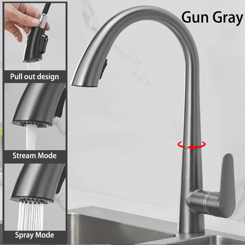 Pistola cinza pull-out torneira da cozinha de água quente e fria lavatório torneira da pia rotativa retrátil preto e branco 60cm puxar