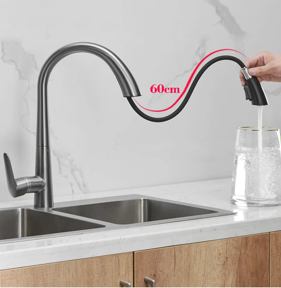 Pistola cinza pull-out torneira da cozinha de água quente e fria lavatório torneira da pia rotativa retrátil preto e branco 60cm puxar