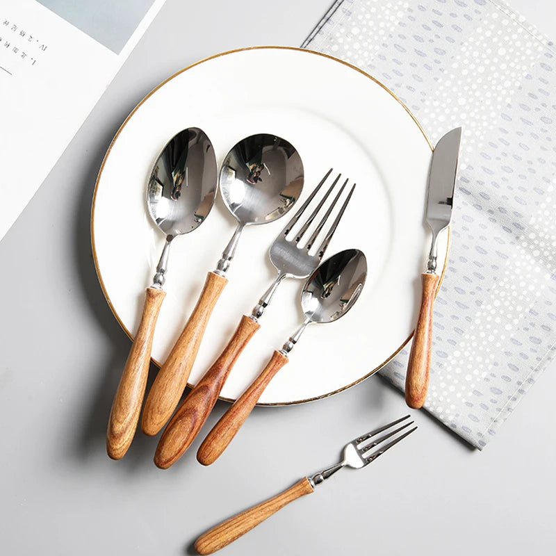 Konco-Wood Dinnerware Set, aço inoxidável Talheres Set, máquina de lavar louça talheres seguro, faca, garfo, colher
