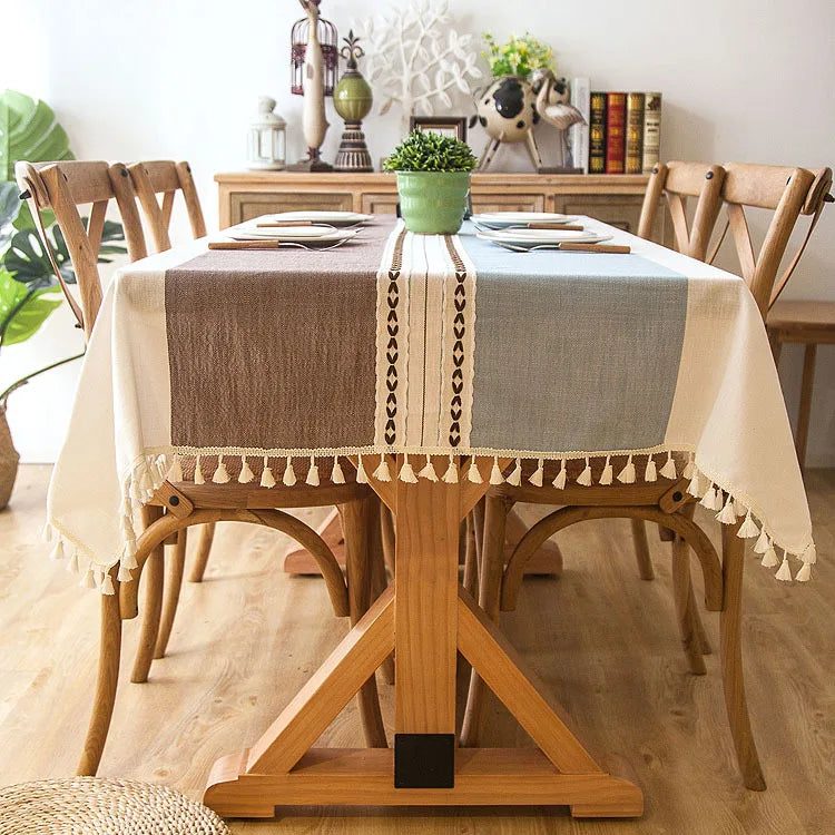 Toalha de mesa decorativa xadrez de linho com borla, à prova d'água, à prova de óleo, grossa, retangular, para mesa de jantar de casamento, toalha de mesa de chá