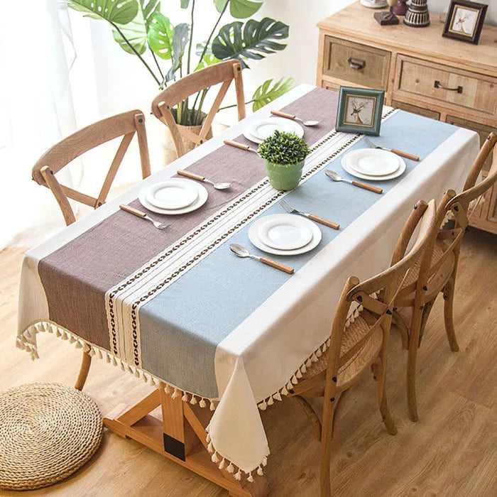 Toalha de mesa decorativa xadrez de linho com borla, à prova d'água, à prova de óleo, grossa, retangular, para mesa de jantar de casamento, toalha de mesa de chá