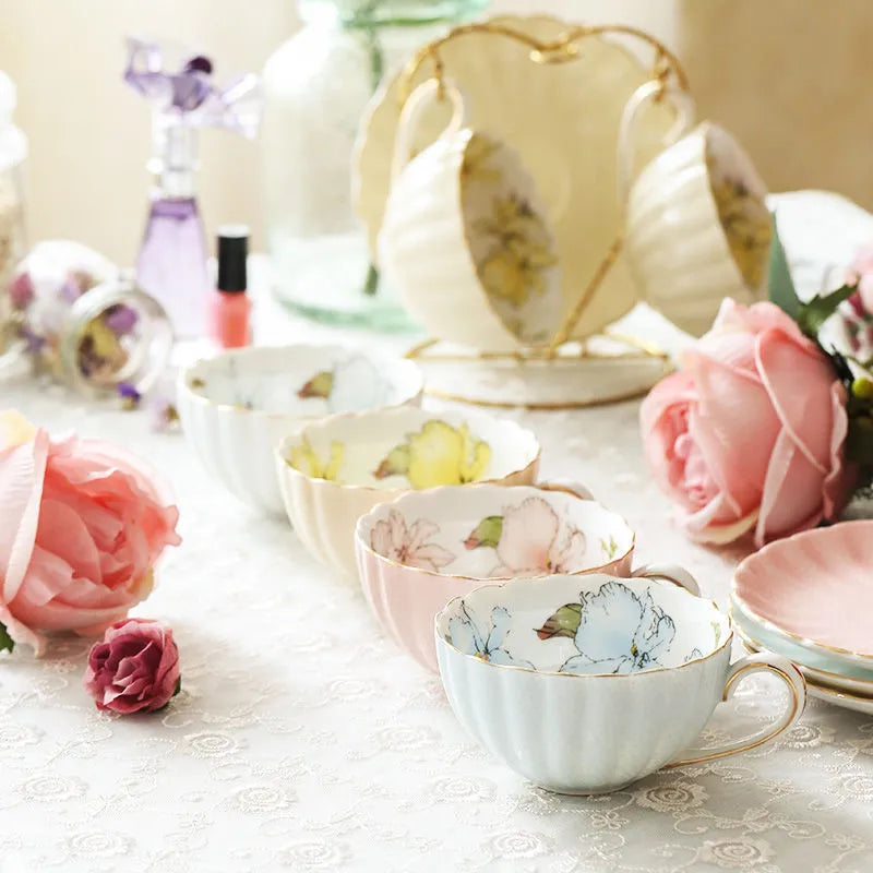 Conjunto de xícara e pires de café porcelana rosa, chá da tarde inglês, leite, caneca cerâmica do café, 200ml