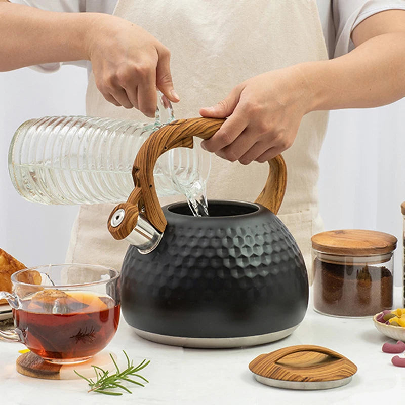 3l apito de aço inoxidável chaleira fervente utensílios de cozinha padrão de martelo chaleira de som alça resistente ao calor fogões de indução de gás