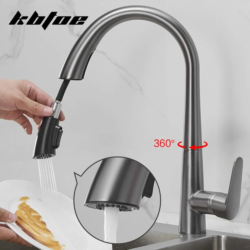 Pistola cinza pull-out torneira da cozinha de água quente e fria lavatório torneira da pia rotativa retrátil preto e branco 60cm puxar