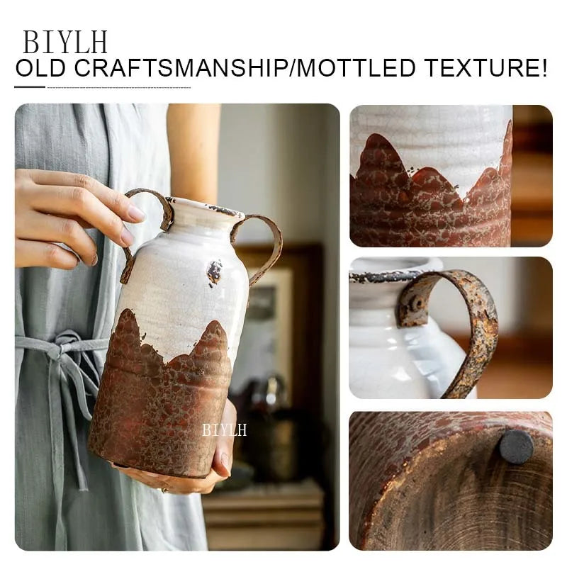 Vaso cerâmico do estilo nórdico com punho dobro, ferro velho retro, forjado, decoração home, tabletop, ornamentos da flor