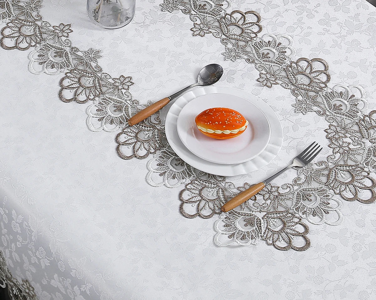 Toalha de mesa bordada de renda batilo, branca, floral, retangular, à prova d'água, para mesa de jantar, festa de casamento, casa