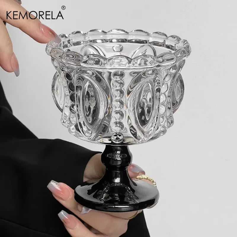 Kemorela 1/2 pçs retro em relevo copo de vidro alto canecas de uísque cristal preto casa criativa café sorvete iogurte sobremesa cálice