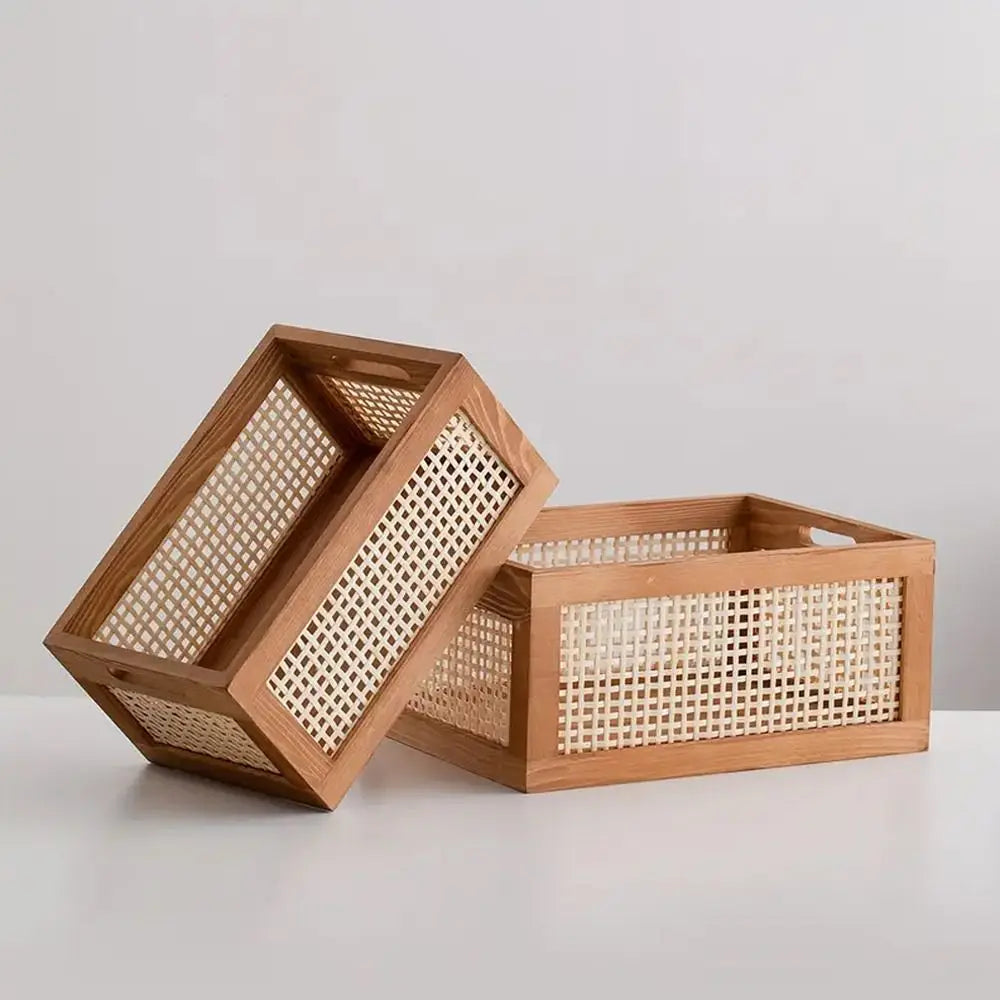 Multifuncional retro rattan caixa de armazenamento de madeira maciça cesta de armazenamento de mesa lanches frutas cosméticos organizador caixas domésticas