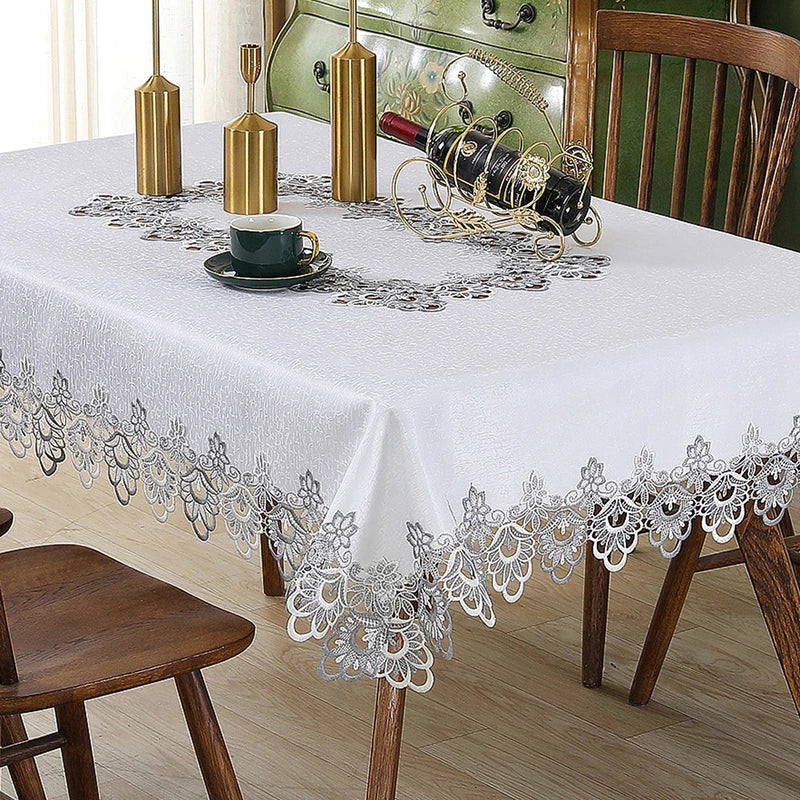 Toalha de mesa bordada de renda batilo, branca, floral, retangular, à prova d'água, para mesa de jantar, festa de casamento, casa
