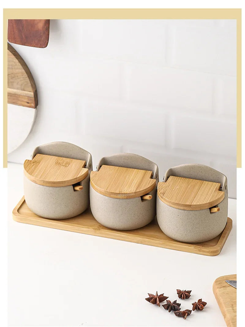 Conjunto de Frascos de Cerâmica com Tampa de Bambu - Casa Ornato
