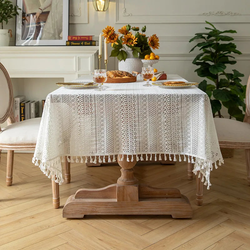 Toalha de mesa retangular de renda branca, toalha de mesa vintage com sobreposição de renda para mesa de jantar, decoração de festa de chá e casamento