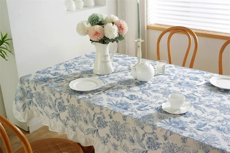 Toalha de mesa de algodão, à prova d'água, à prova de óleo, porcelana azul e branca, bordado, decoração, café, chá, protetor de mesa