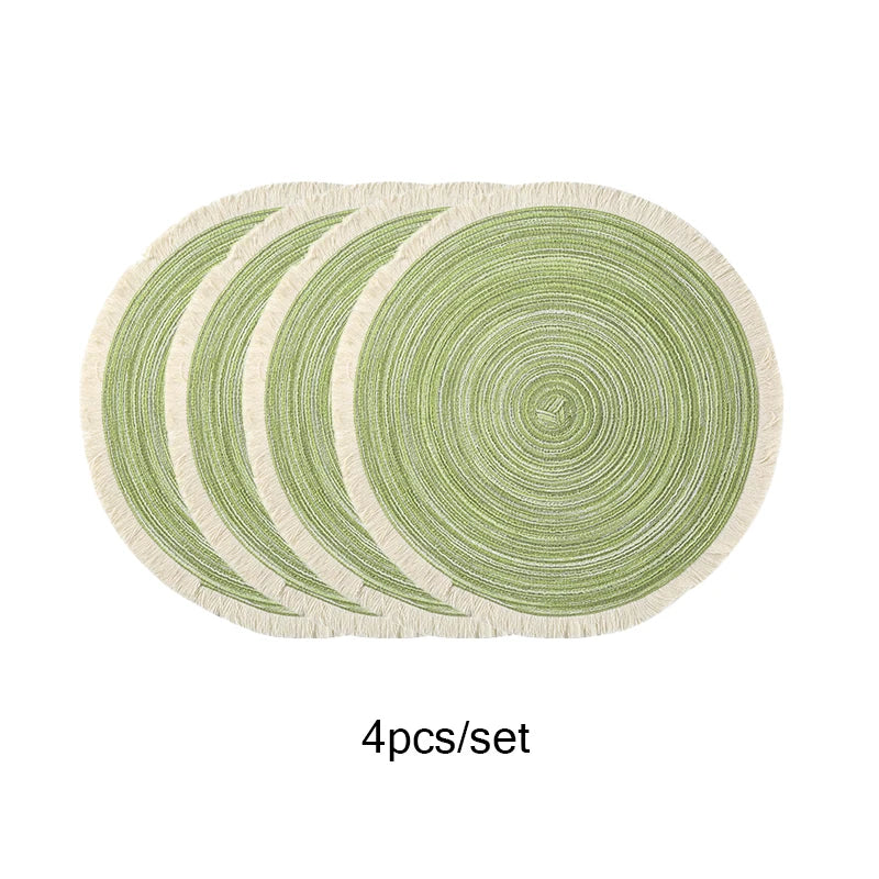 4 pçs/set venda quente franja eco-friendly casa antiderrapante estilo morden mesa tecido placemats poliéster tapete redondo