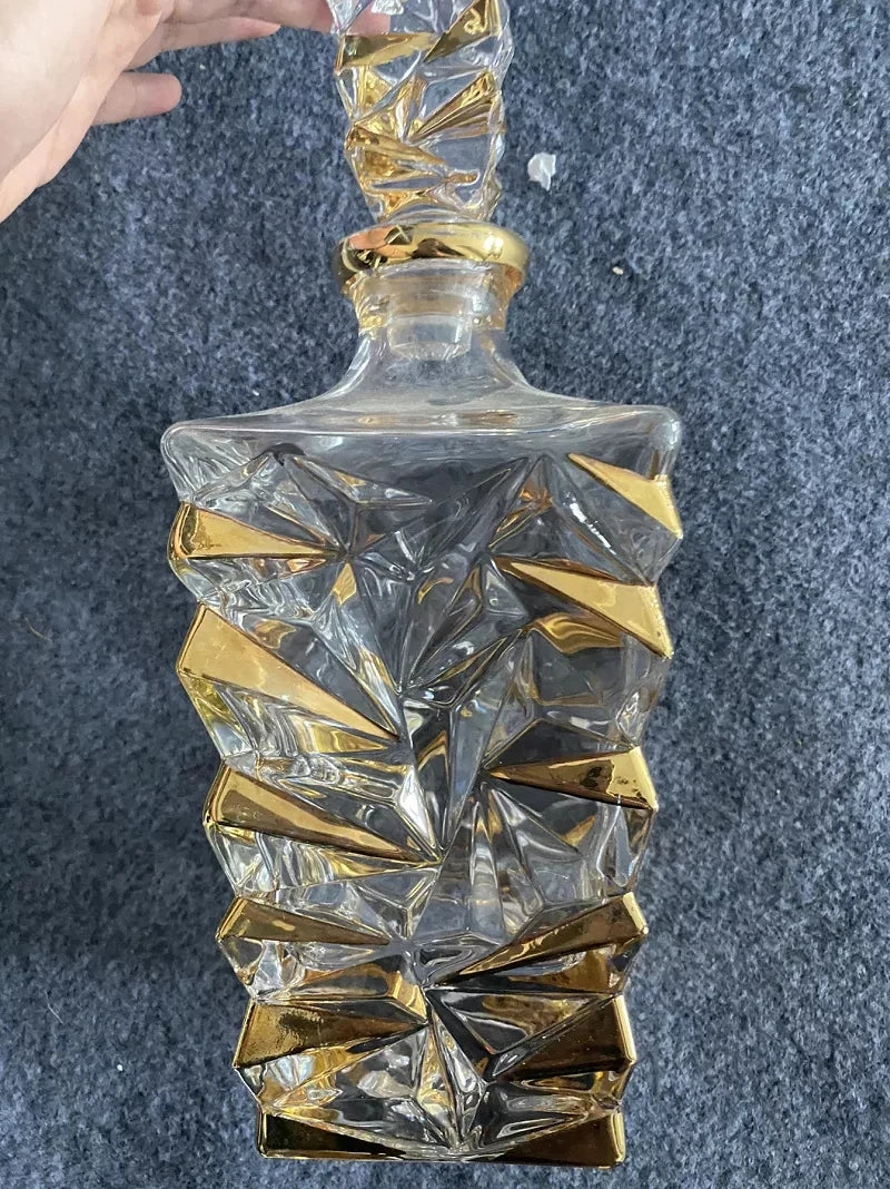 Decantador de vinho tinto de vidro de cristal, jarro de vinho estrangeiro, desenho de linha dourada, garrafa de uísque, dispensador de licor, 1 garrafa, 2 copos