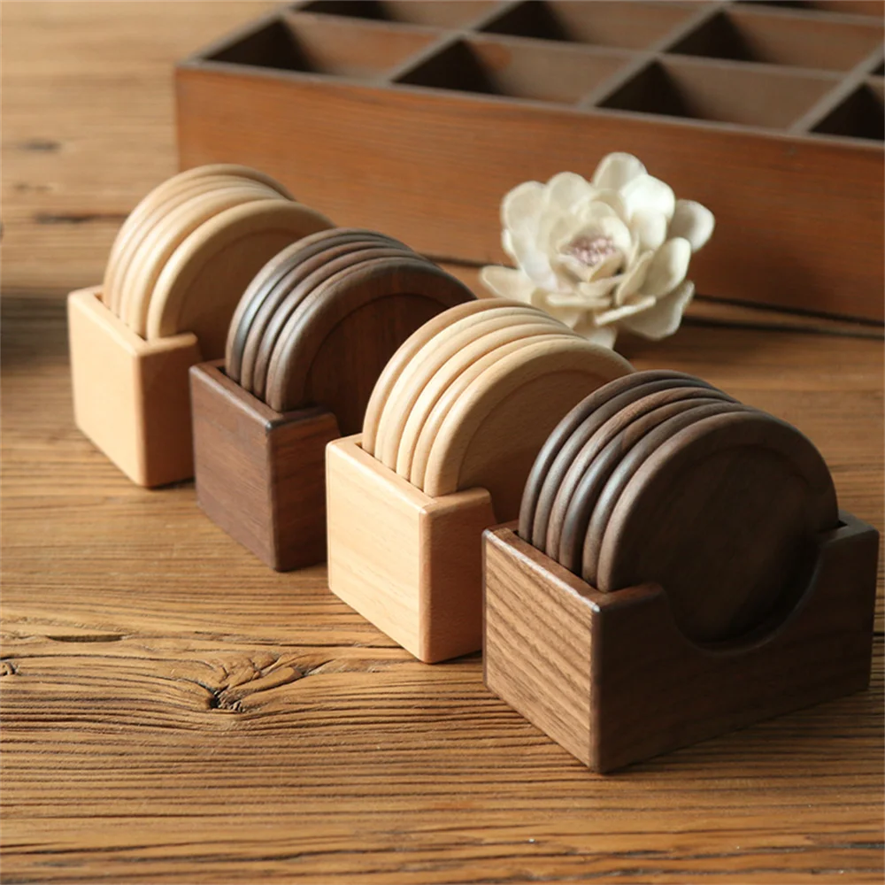 6 pçs/set porta-copos de madeira de nogueira placemats decorativos redondos isolados porta-copos de bebidas japoneses decoração de casa