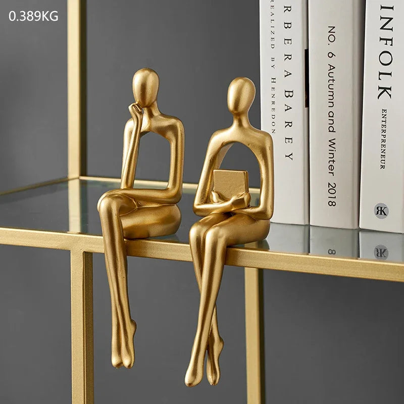 Golden Bookshelf Escultura Decorações para Sala De Estar, Figurinhas Modernas, Decoração Para Casa, Estátuas Do Pensador, Prateleira Mesa Decor