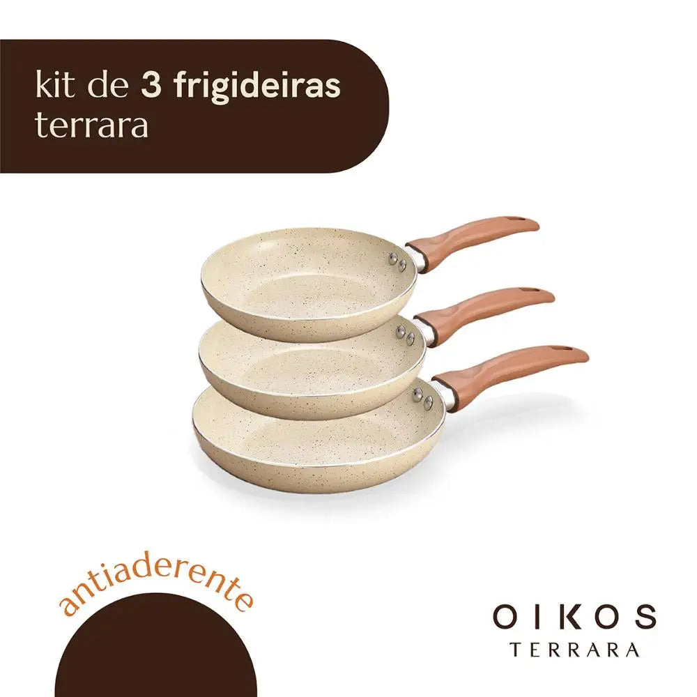 jogo de 3 frigideiras antiaderentes ceramica com aluminio bege terrara - Oikos