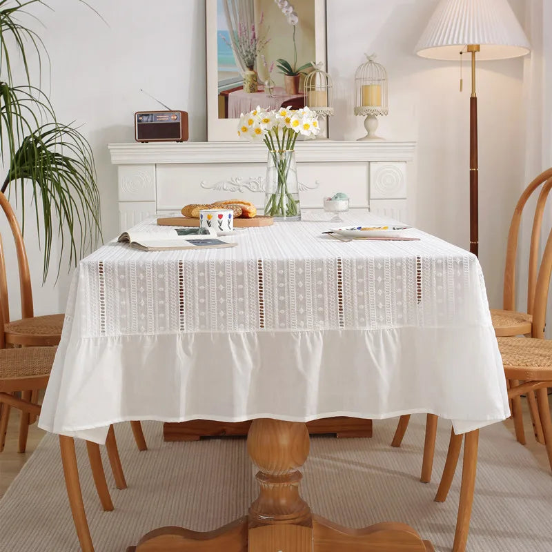 Toalha de mesa de algodão branco francês, renda bordada com babados, toalha de mesa rústica para casa, festa de feriado, natal