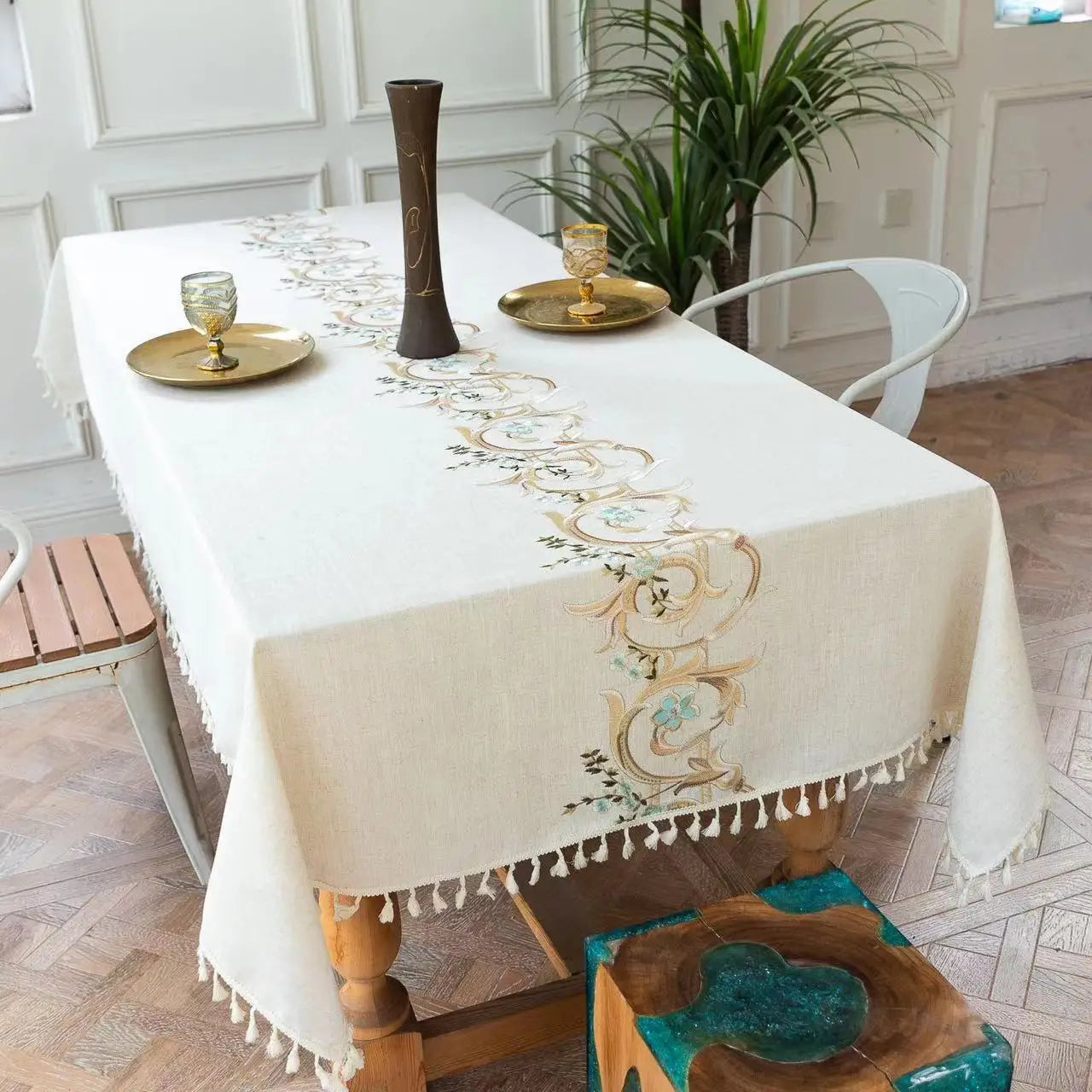 Toalhas de mesa bordadas de linho de algodão retângulo capa de mesa à prova de poeira, toalhas de mesa com padrão de flor bordada, decoração de festa