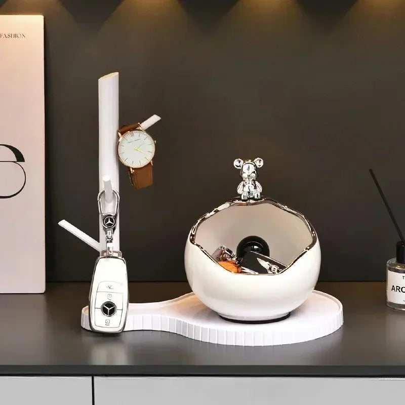 Bandeja de urso de cerâmica estátua acessório armazenamento chave titular tigela de doces jóias brincos adequado para casa moderna mesa escritório decoração