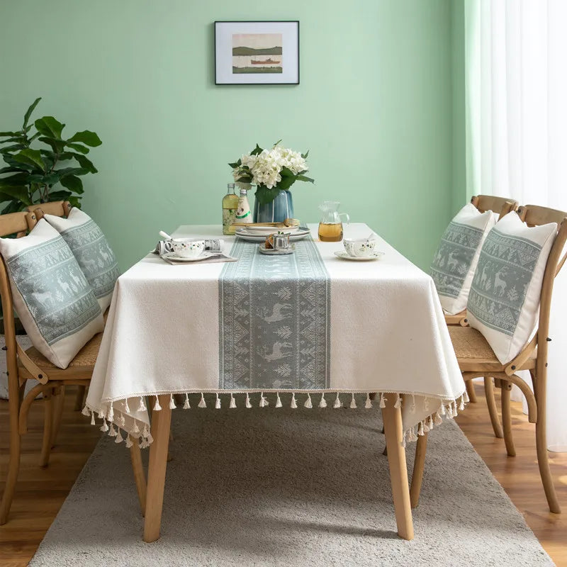 Toalha de mesa de algodão linho listra borla resistente a manchas à prova de poeira capa de mesa rústica para cozinha jantar mesa decoração de natal
