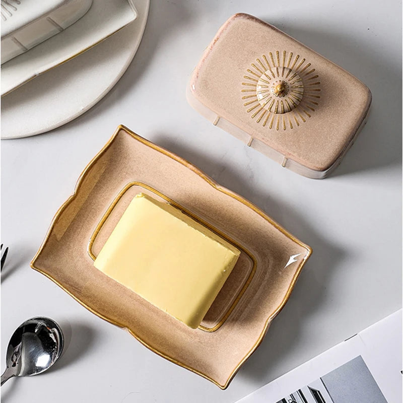 Esmalte retrô nostálgico com tampa, bandeja para lanche, utensílios de cozinha para casa, caixa de manteiga, caixa de armazenamento de queijo, prato de queijo