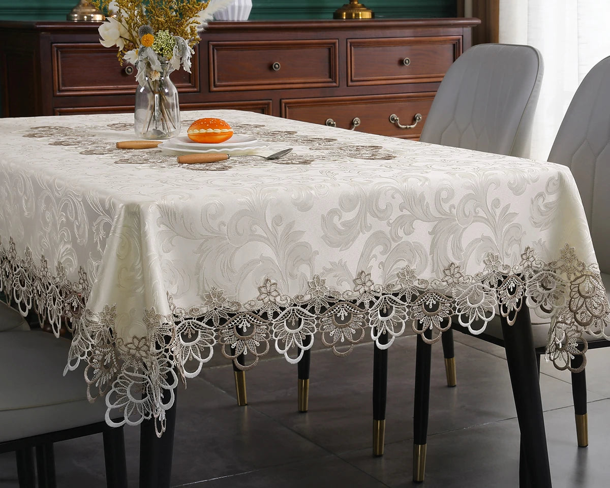 Toalha de mesa bordada de renda batilo, branca, floral, retangular, à prova d'água, para mesa de jantar, festa de casamento, casa