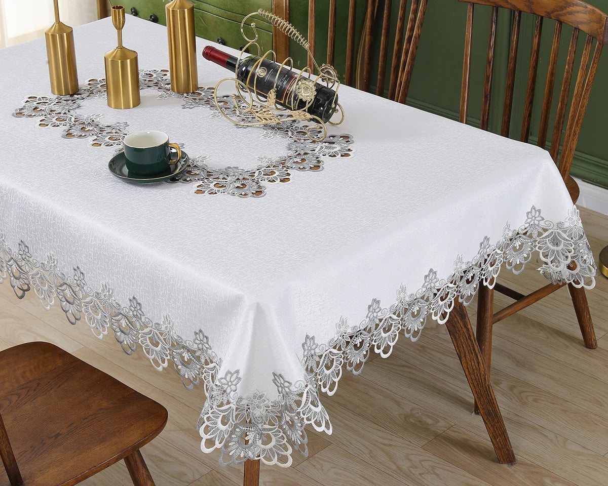 Toalha de mesa bordada de renda batilo, branca, floral, retangular, à prova d'água, para mesa de jantar, festa de casamento, casa