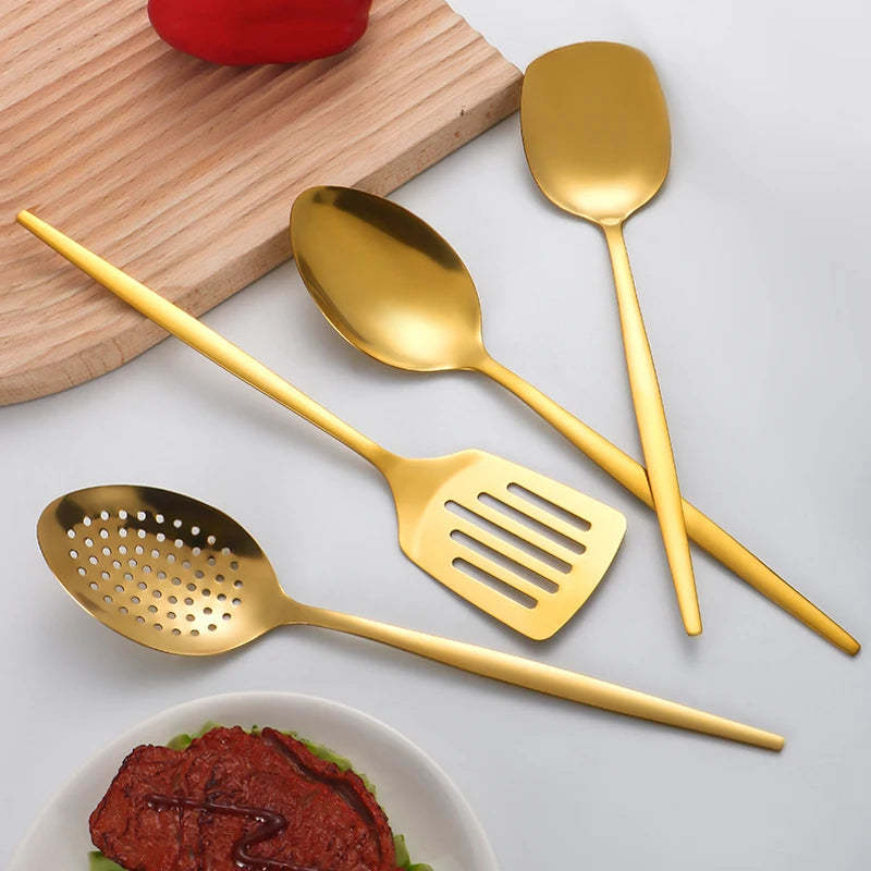 Conjunto de utensílios de cozinha utilitários de aço inoxidável, 7 peças, colher de cozinha, faca dividida doméstica, vazamento de concha de sopa, espátula de cozinha prática
