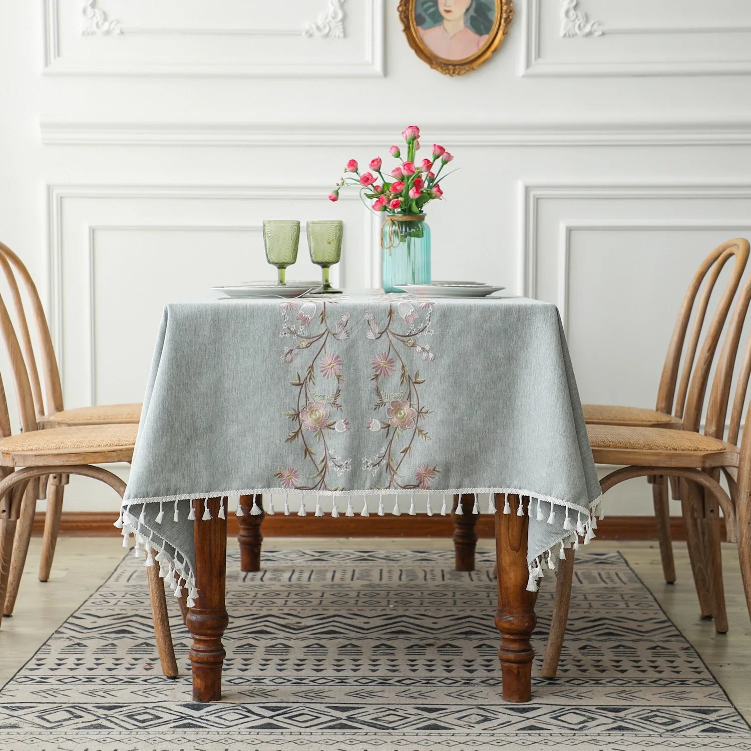 Toalhas de mesa bordadas de linho de algodão retângulo capa de mesa à prova de poeira, toalhas de mesa com padrão de flor bordada, decoração de festa