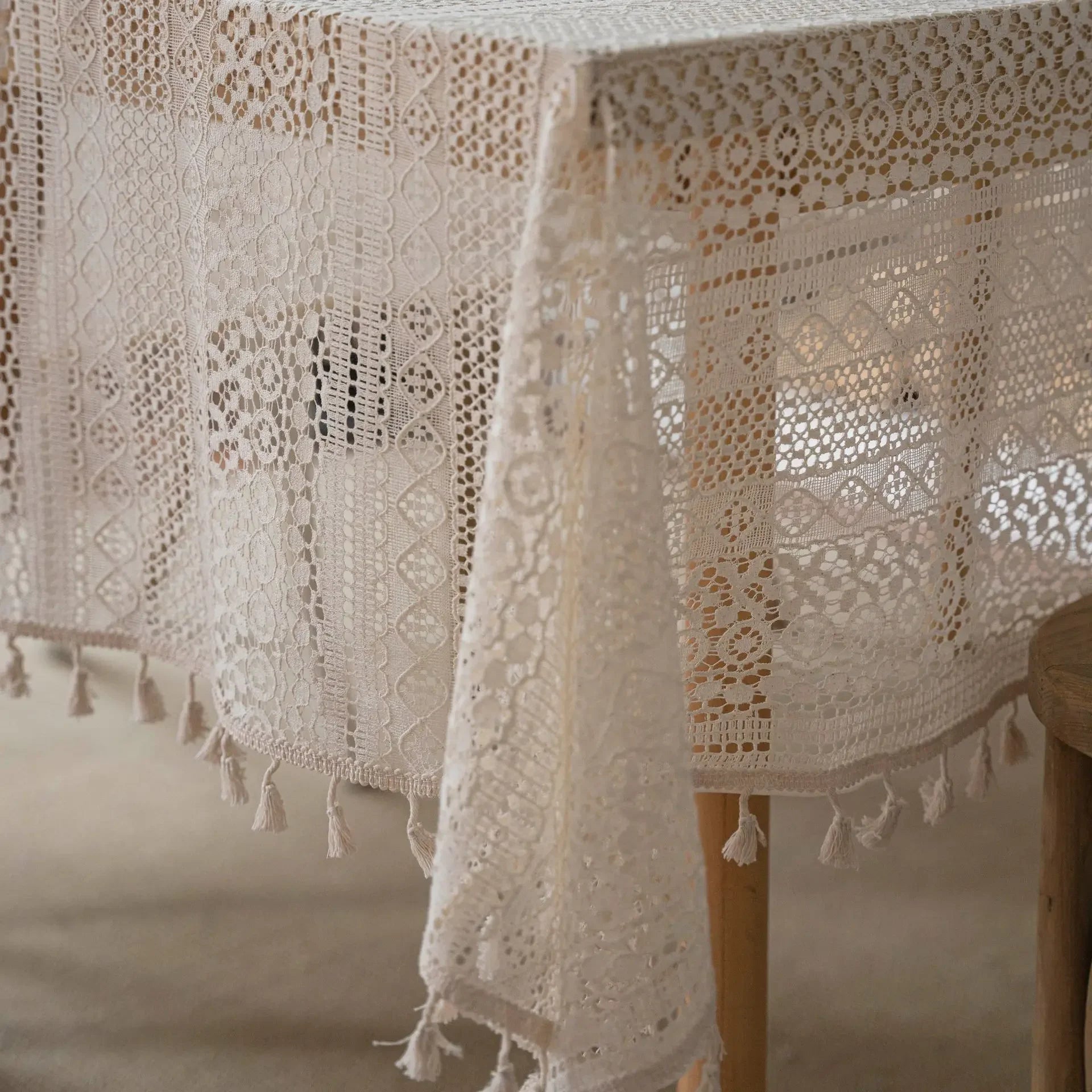 Toalha de mesa de algodão com borlas bege, fio de crochê transparente, renda translúcida para festa de casamento, cozinha, mesa de jantar decorativa