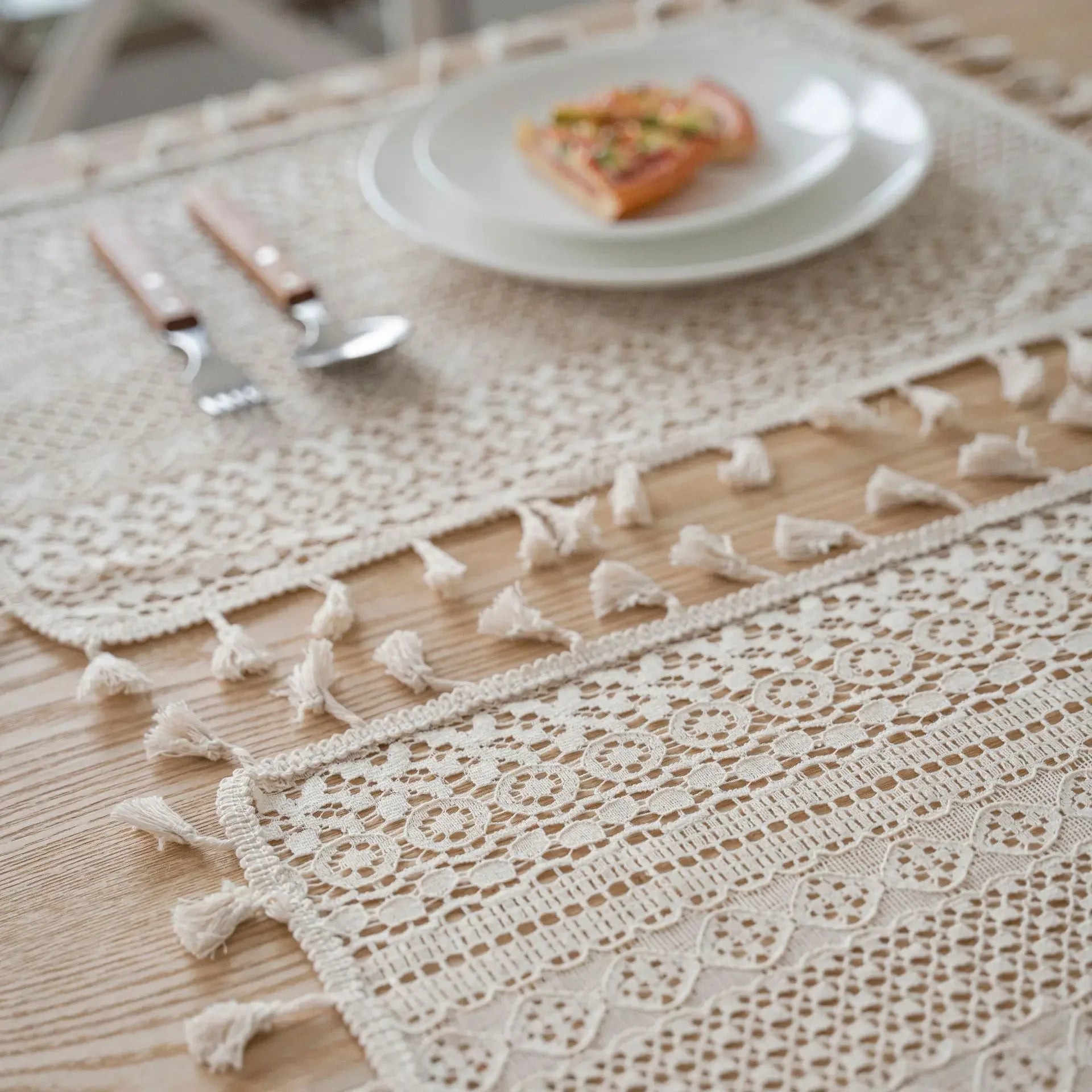 Toalha de mesa de algodão com borlas bege, fio de crochê transparente, renda translúcida para festa de casamento, cozinha, mesa de jantar decorativa