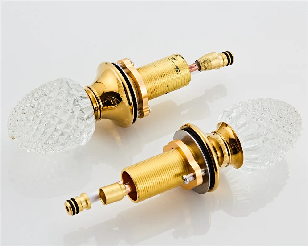 Ouro torneira do banheiro generalizada alça de cristal torneira da bacia lavabo luxo misturador da bacia quente e fria torneira da pia do chuveiro