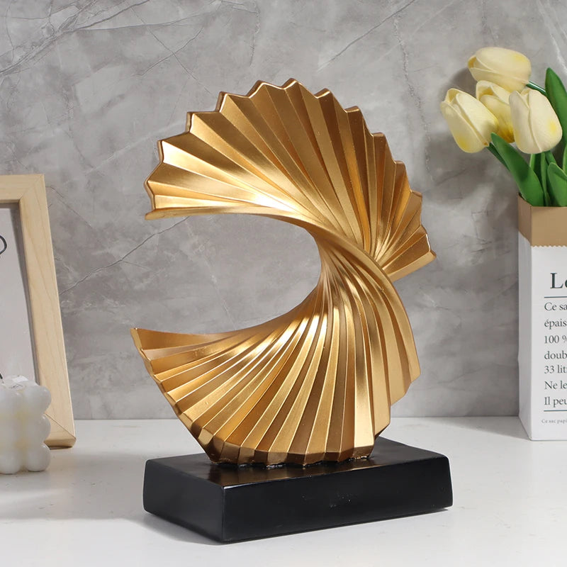 Escultura artesanal de resina onda dourada-estatueta de arte abstrata para decoração de casa, quarto, sala de estar e decorações de mesa de estudo
