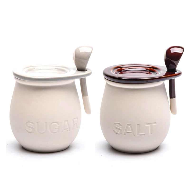 Garrafa De Especiarias De Cerâmica Com Tampa, Decoração Para Casa, Frasco De Armazenamento De Alimentos De Cozinha, Saleiro à Prova De Umidade Selado, Kit Agitador De Açúcar Branco