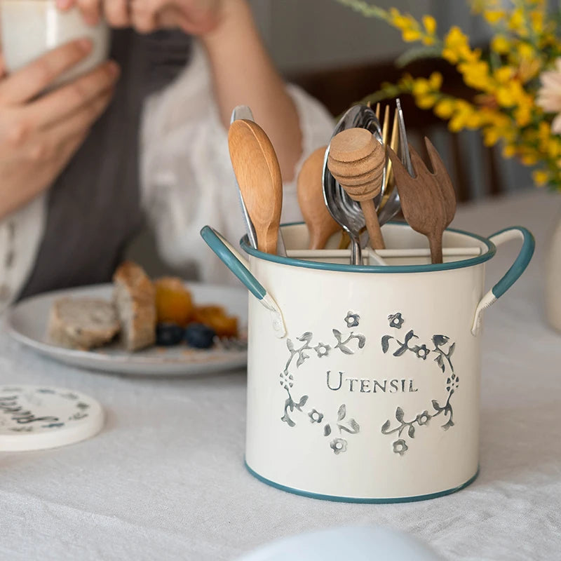 Ahunderjiaz-cartucho de armazenamento francês retrô, faca e garfo, lata de armazenamento e barril de pauzinho, conjunto de talheres de cozinha, decoração de casa