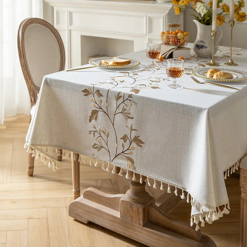 Toalhas de mesa bordadas de linho de algodão retângulo capa de mesa à prova de poeira, toalhas de mesa com padrão de flor bordada, decoração de festa