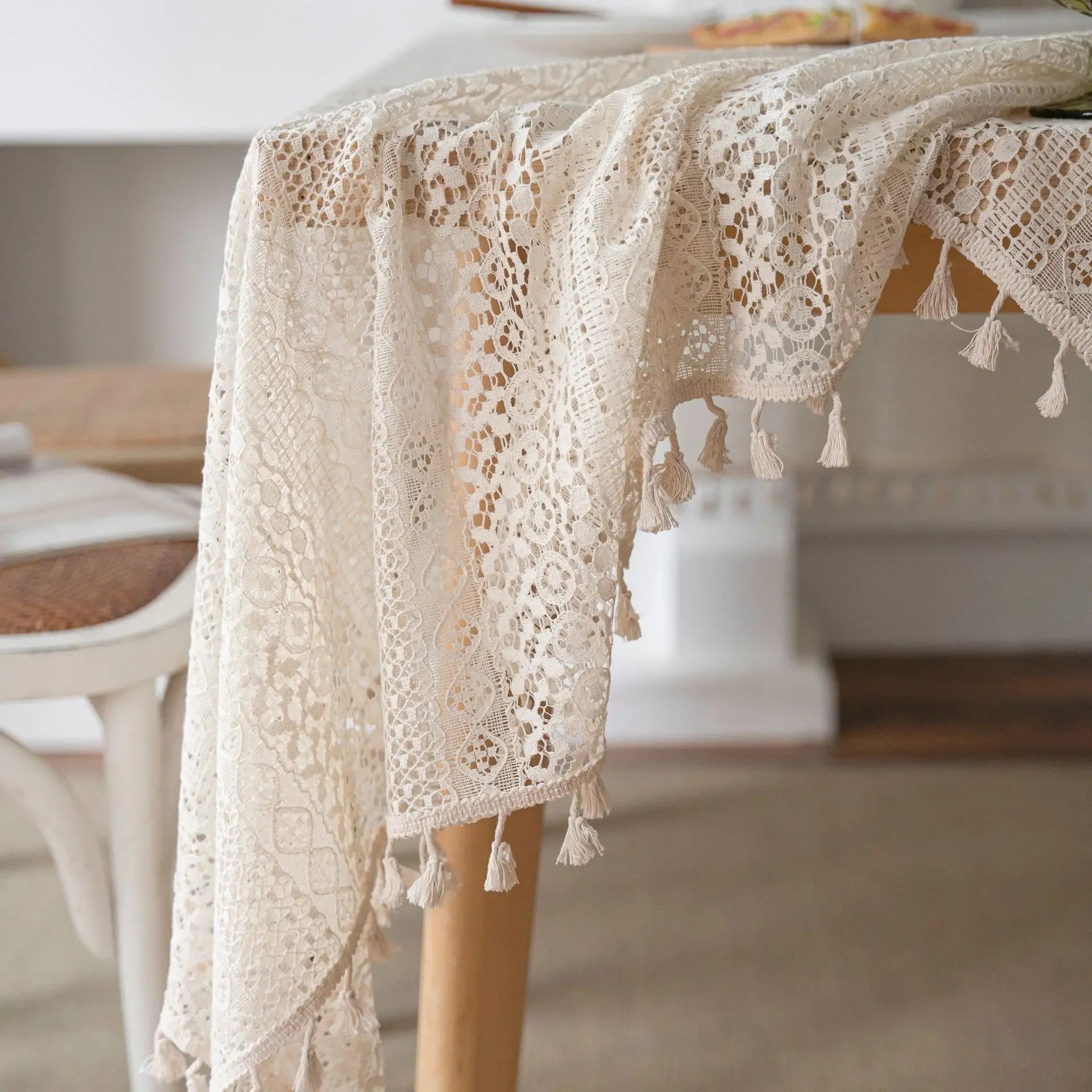 Toalha de mesa de algodão com borlas bege, fio de crochê transparente, renda translúcida para festa de casamento, cozinha, mesa de jantar decorativa
