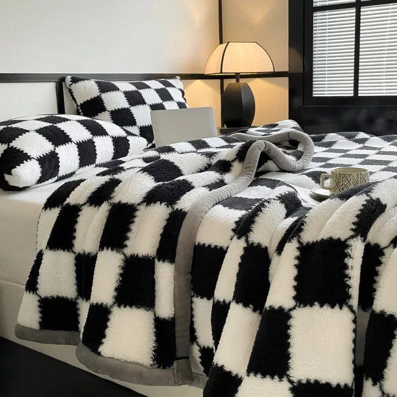 Inverno grosso um grau xadrez coral velo macio quente grosso cobertores de cama de pelúcia sofá cobertor folha de cama material de escritório em casa
