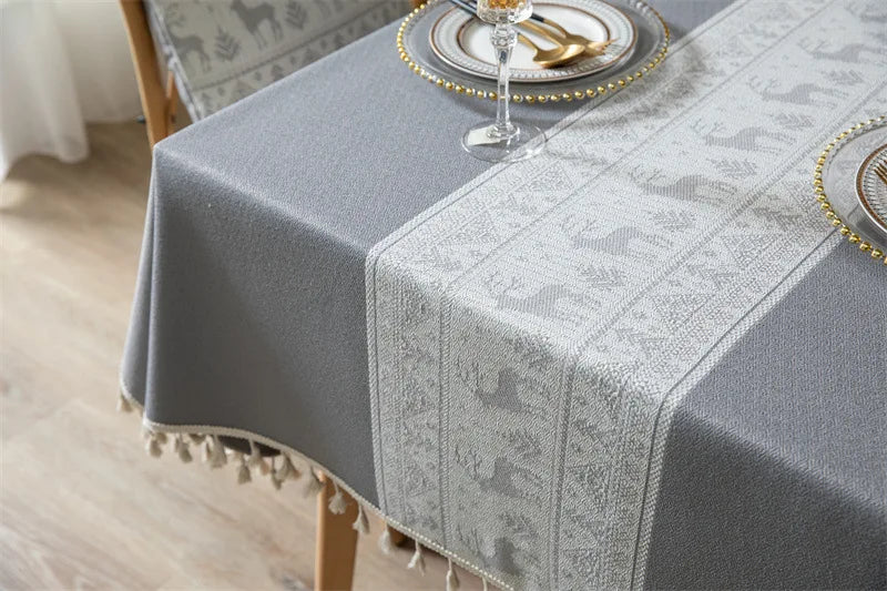 Toalha de mesa de algodão linho listra borla resistente a manchas à prova de poeira capa de mesa rústica para cozinha jantar mesa decoração de natal