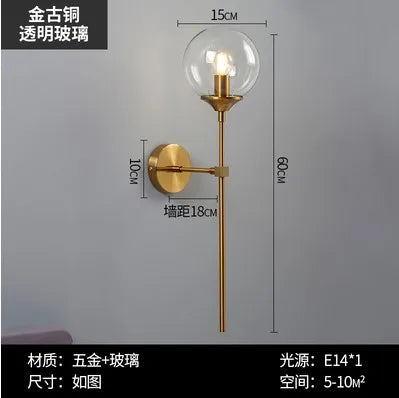 Bola de vidro moderna lâmpada parede arandela luminária dourada lâmpada cabeceira luminária parede sala estar decoração corredor iluminação luminária